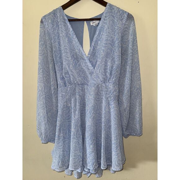 Japna Pants - Japna Blue Paisley Long Sleeve Romper Skort Dress Cutout Back XL